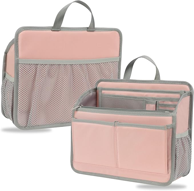 Small Rugged Organizer Insert for Briefcase Tote Shoulder Messenger Bag-19 Pockets,Durable Padded Nylon,Handle-Pink