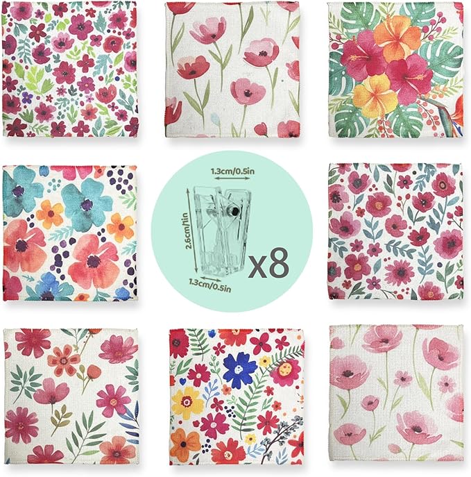 8-Pack Ultra-Fine Microfiber Kitchen Towels, 7-Inch Square with 8 Clips & Multiple Patterns – Soft, Absorbent, Reusable Cleaning Cloths (Flowers)