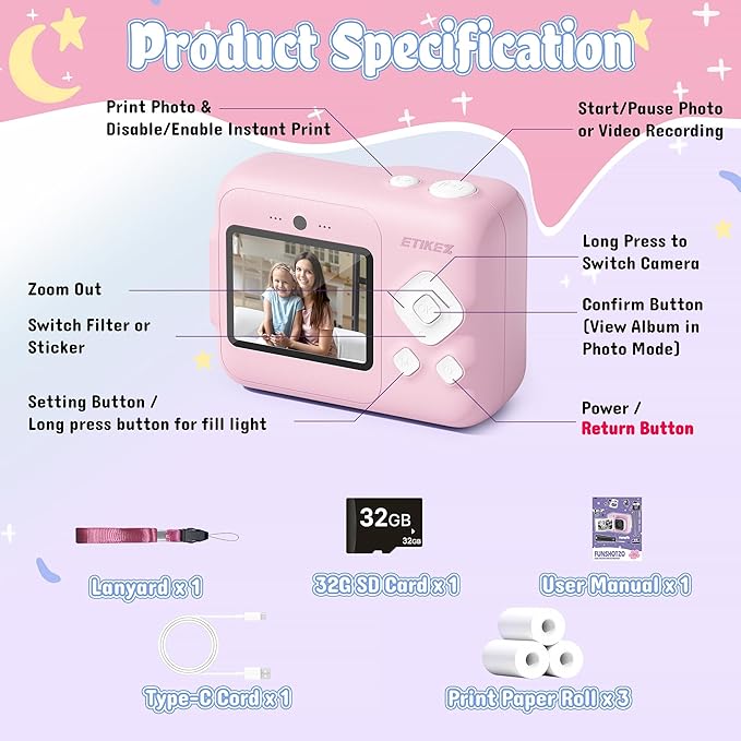 ETIKEZ Kids Camera, 1080P Instant Digital Print Camera for Kids, Christmas Birthday Gifts for 4 5 6 7 8 9 10 Year Old Girls Boys, Portable Toy with 32GB SD Card & 3 Rolls Printing Paper, Pink