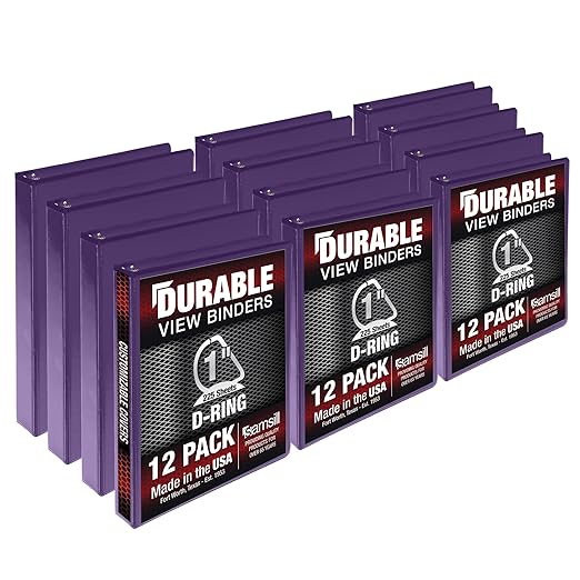 Samsill Durable 1 inch 3 Ring Binder, Made in USA, D Ring Binder, FSC 100% Recycled Chipboard, Purple, 12 Pack