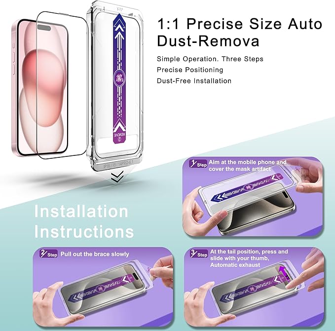 SHANG PIN JIA 2 Pack Screen Protector Tempered Glass for iPhone 16 for iPhone 15 for iPhone 14 Pro 6.1-Inch Auto Dust Removal, No Bubbles, High Definition Clear, Easy Installation