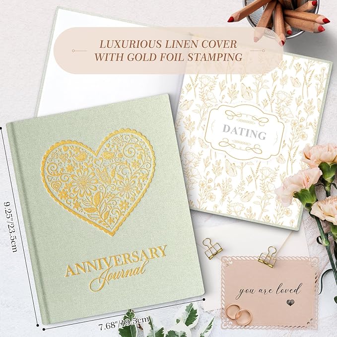Lanpn Wedding Anniversary Journal Book, Linen Dating 1st to 70th Couple Memory Book Wedding Scrapbook, 190 Pages Love Stories Notebook Newlywed Marriage Anniversary Bridal Shower Gift, Sage Green