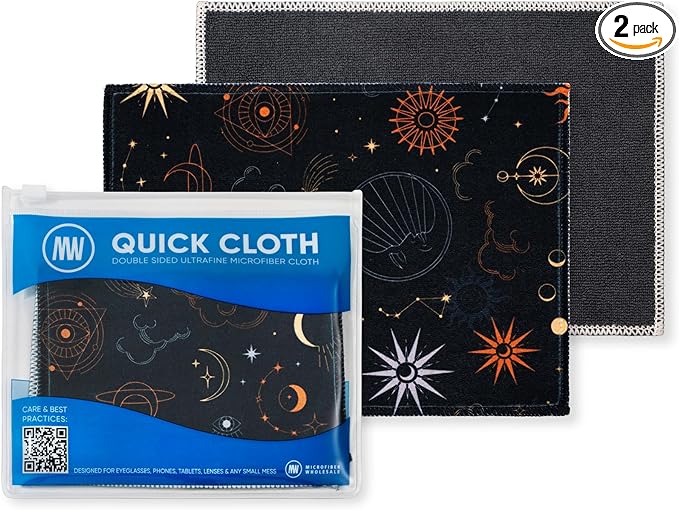 Quick Cloth Microfiber Glasses Cleaning Cloths – 5x7, Astrology, 2 Pack with Case | Double-Sided Lens Cleaner for Eyeglasses, Camera, Screens & Glass | Reusable Microfiber Glass Polishing Cloths