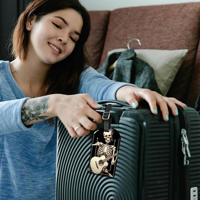 2 Pack Luggage Tag Suitcase Tags PU Leather Identifiers Privacy Cover Luggage Tags Aesthetic Cute Travel Bag Labels for Women Girls Men-Skull Skeleton