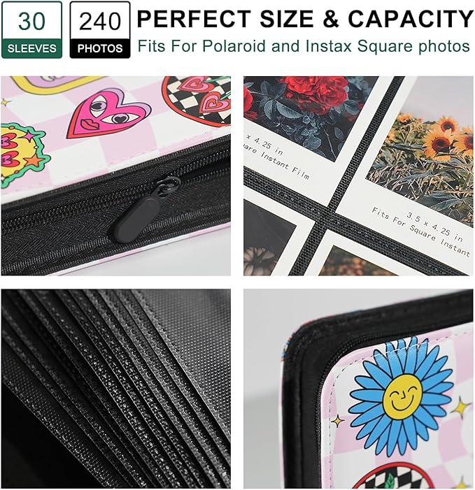 240 Pockets Portable Binder Photo Album Book For i-Type Square Polaroid Photos and Instax Wide Film Pictures (Girly Texture)
