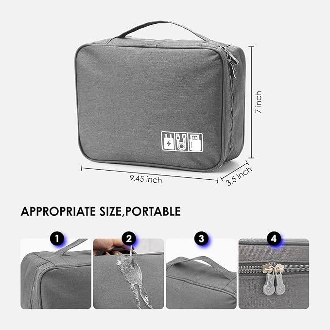 Cable Organizer bag for women or men,Electronic Accessories Carry Case Portable Waterproof Double Layers All-in-One Storage Bag for Cord, Charger, Phone, Earphone (Grey)