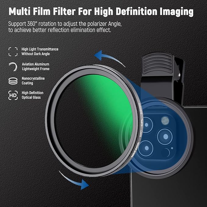 NEEWER 52mm CPL Filter for Phone, Clip On Circular Polarizing Lens Filter with Phone Clip, Case & Cleaning Cloth Compatible with iPhone 17 16 Android Samsung Galaxy S25 Ultra Camera, FL-26