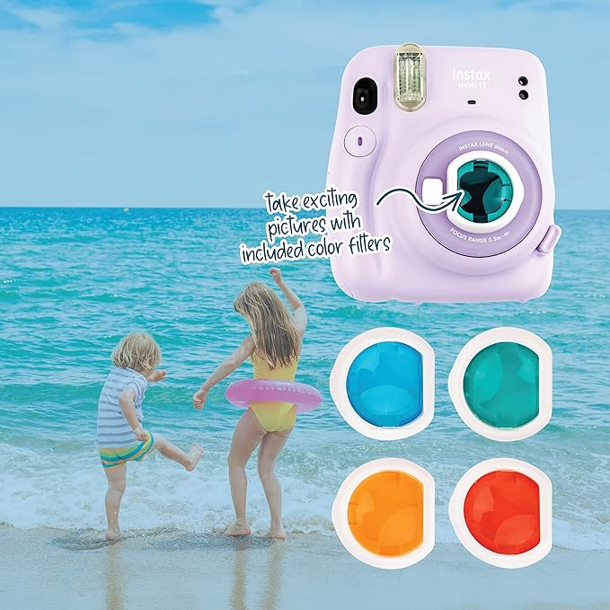 Fujifilm Instax Mini 11 Camera + Fuji Instant Instax Film (40 Sheets) & Includes Case + Assorted Frames + Photo Album + 4 Color Filters and More Bundle (Lilac Purple)