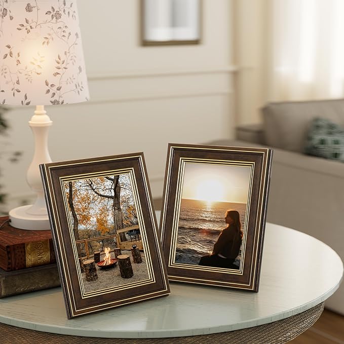 Vittanly 5x7 Picture Frame Set of 4, Vintage Photo Frame for Wall or Tabletop, Display 5x7 Pictures, Rustic Farmhouse Home Decor, Brown