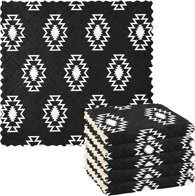 CaTaKu Geometric Ethnic Boho Kitchen Dish Cloths, 6 Pack Reusable Dish Rags for Washing Dishes, Microfiber Cleaning Cloths Dish Towels Washcloths for Kitchen Drying