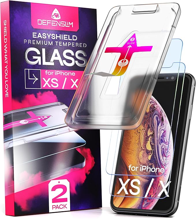 Defenslim Screen Protector for iPhone XS (2Pack), Easy Auto-Align Install Kit, 5.8" Tempered Glass, 9H Hardness, Ultra HD Clear, Case Friendly, EasyShield