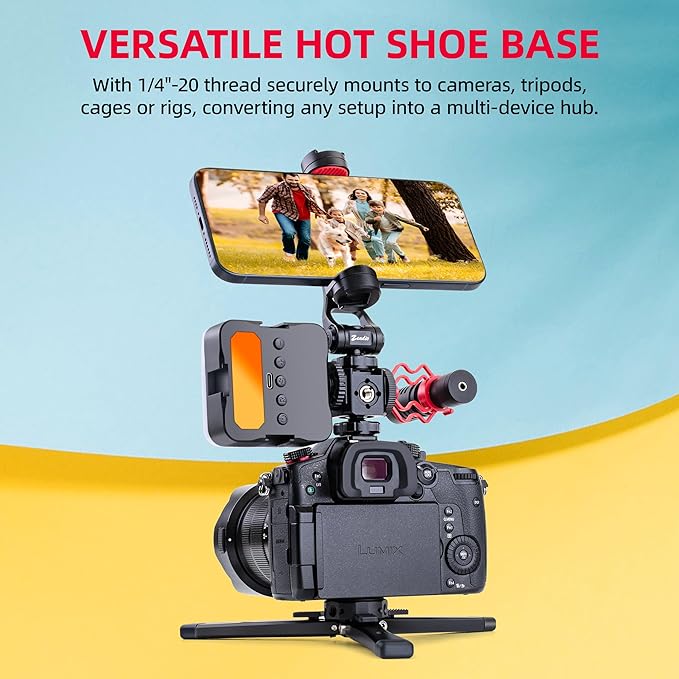 Zeadio Universal Camera Mount with 3 Cold Shoe Mounts, Hot Shoe Base & 1/4"-20 Thread | Built-in Level | Multi-Device Monitor/Light Mount Holder