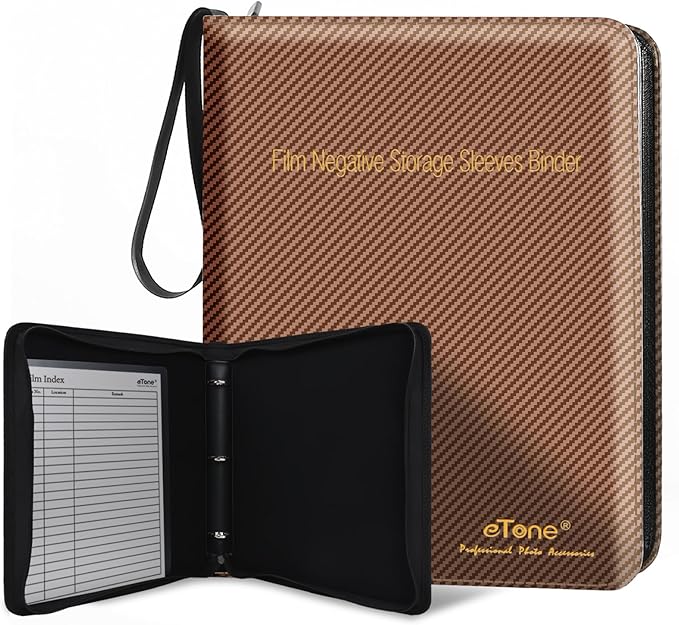 eTone Film Negative Storage Box, PU Leather 3-Ring Binder Album, Gold Foil, 13.18x7.08x1.96 Inch, Velvet Lined for 35mm 120 4x5 8x10 Negatives (Brown)