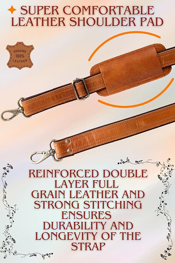 Bag Strap Replacement - Genuine Leather 57" Adjustable Shoulder Strap for Messenger, Laptop, Camera, Travel Bags