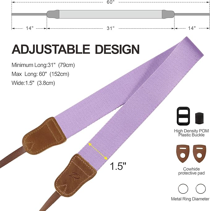 Padwa Lifestyle Light Purple Camera Strap - Double Layer Cowhide Ends,1.5" Wide Pure Cotton Woven Adjustable Universal Camera Straps for All DSLR Cameras,Great Gift for Men & Women Photographers