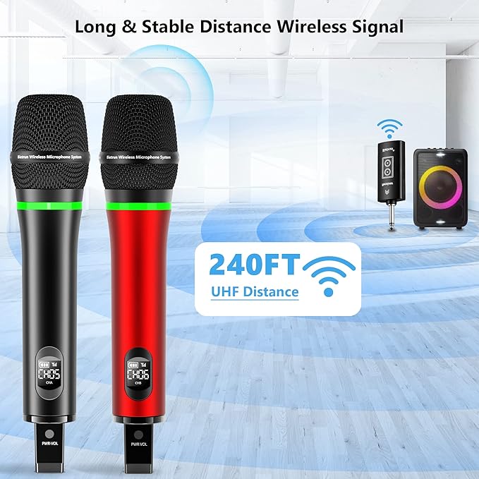 Bietrun Wireless Microphone, 240FT Rechargeable UHF Metal Dual Cordless Handheld Dynamic Mics with Bluetooth for Karaoke Machine, PA System Speaker, Mixer, Party, Church, Wedding(Red)