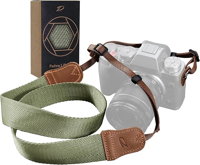 Padwa Lifestyle Light Green Camera Strap - 1.5" Wide Vintage Crazy Horse Cowhide Head Cotton Straps,Adjustable Woven Neck Shoulder Camera Straps for All DSLR Cameras and Photographers Christmas gift