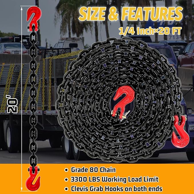 1/4" Log Chain- 20FT Heavy Duty Chain with 3300 Lbs Safety Load |G80 Trailer Binder Safety Chain with G70 Clevis Grab Hooks for Transporting|Towing Truck Tie Down Binding Equipment(EP Black)