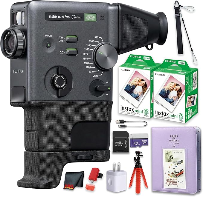 FUJIFILM instax mini Evo Cinema Hybrid Instant Camera Bundle, 3-in-1 Instant Camera Smartphone Printer Video Camera, Gen Dial Effects, Viewfinder & Grip + 40-Photo Instax Mini Film + More