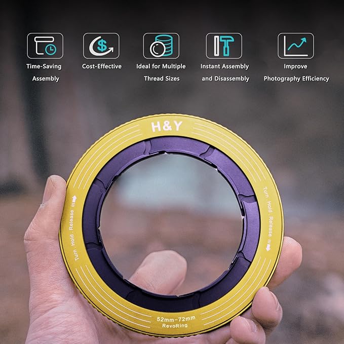 H&Y RevoRing Adjustable Step Up Ring 52-72mm to 77mm, Variable Lens Filter Adapter Ring, Universal Stepping System fits 52 55 58 62 67 72mm, Yellow