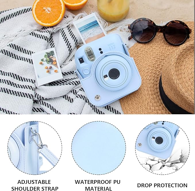 CAIYOULE Camera Case for Fujifilm Instax Mini 12 Instant Film Camera, Leather Protective Camera Crossbody Bag for Fuji Mini 12 with Photo Album, Adjustable Shoulder Strap, Pastel Blue-No Camera