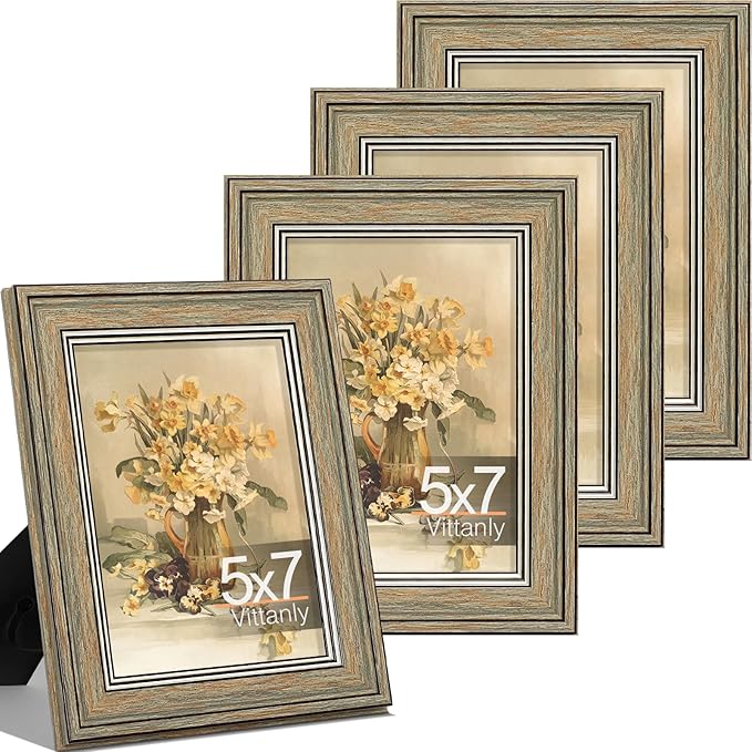 Vittanly 5x7 Picture Frame Set of 4, Vintage Photo Frame for Wall or Tabletop, Display 5x7 Pictures, Rustic Farmhouse Home Decor, Vintage Green