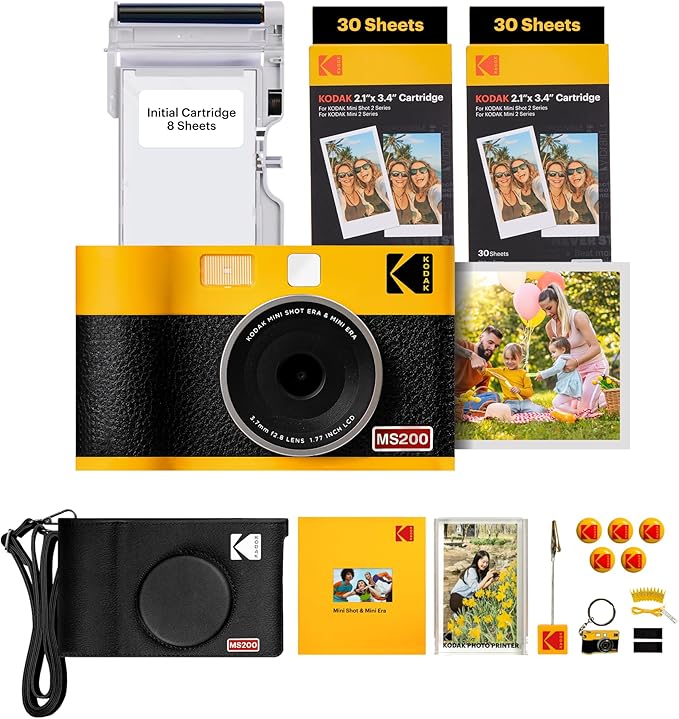 KODAK Mini Shot 2 ERA 4PASS 2-in-1 Instant Camera and Photo Printer (Yellow, Camera + Initial 8 Sheets + 60 Sheets + Accessories)
