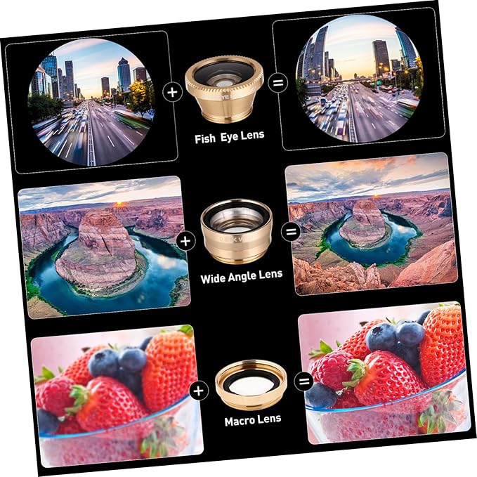Mikikit Universal Portable Cell Phone Camera Lens Kit Super Wide Angle Macro Fisheye Clip Lens Golden Compatible Smartphones