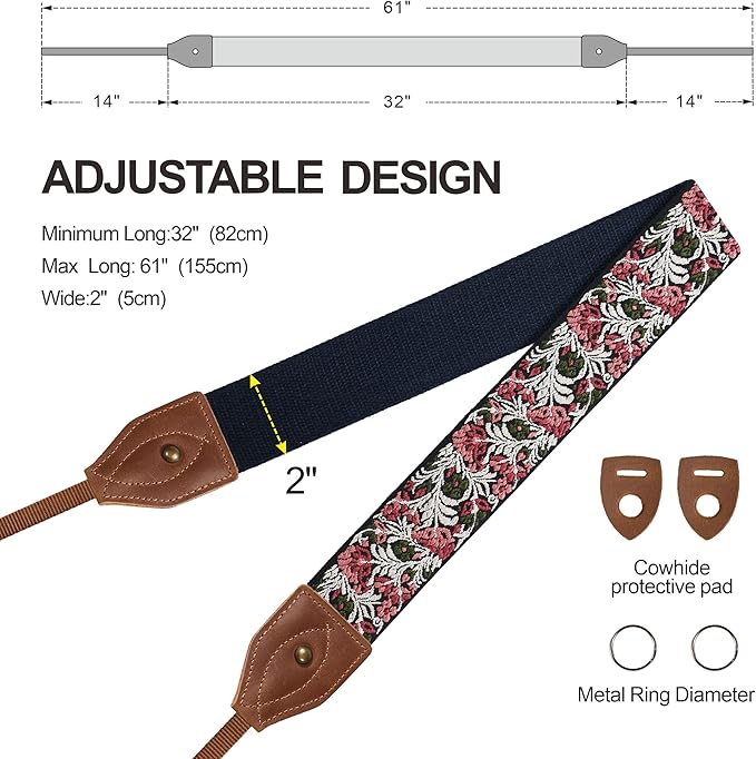 Padwa Lifestyle 2" Wide Classic Crazy Horse Art Cowhide Head Cotton Camera Straps for Photographers