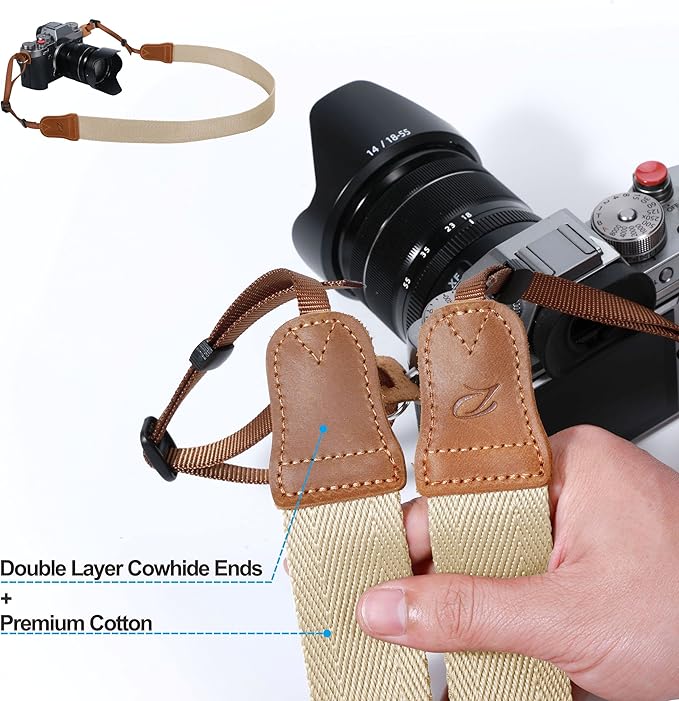 Padwa Lifestyle Camera Strap - Double Layer Crazy Horse Cowhide Ends,1.5"Wide Pure Cotton Woven Camera Strap,Adjustable Neck Shoulder Strap for All DSLR Cameras,Great Gift for Photographers-Off White