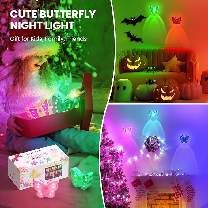 LOFTEK Rechargeable Motion Sensor Light, RGB Color Change & Dimmable Night Light, Cute Butterfly Light for Kids' Bedroom, Bathroom, Hallway, Tent & Stairs - Halloween Decor & Gift, Black of 4