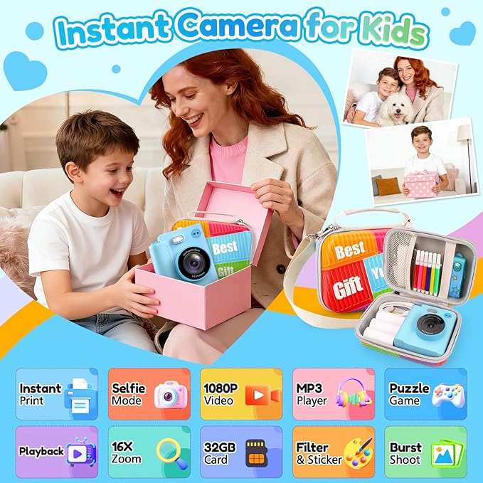 Kids Camera Gift for Boys Girls: Digital Camera Instant Print Support Dual HD Video Toys for Kids Teen Boys Girls Ages 3 4 5 6 7 8 9 10 11 12 Birthday Christmas Valentines Gifts with 32G SD Card Blue