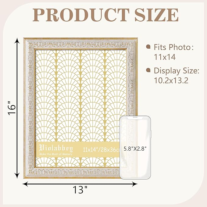 VIOLABBEY 11x14 Picture Frame White, Vintage Photo Frames Ornate without Mat for Tabletop or Wall Hanging