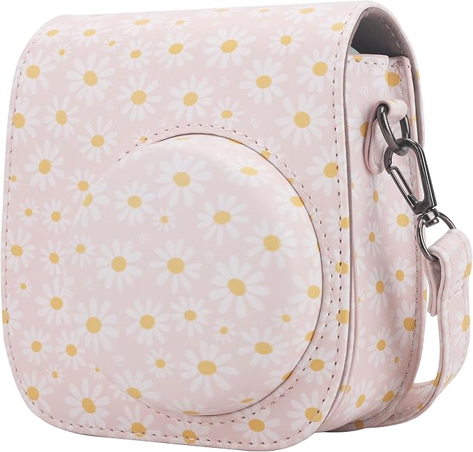 Frankmate Protective Case Fit for Fujifilm Instax Mini 12 11 9 8 Camera, PU Leather Camera Bag with Pocket and Adjustable Shoulder Strap (Pink Daisy)