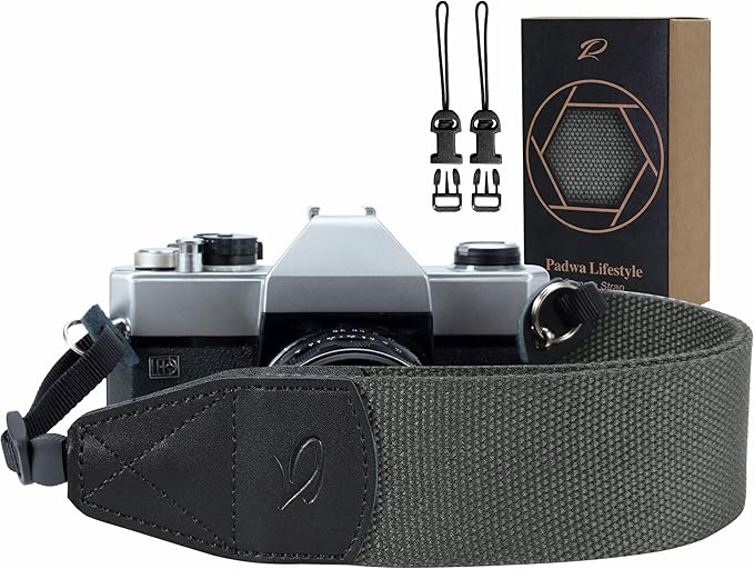 Padwa Lifestyle Grey Camera Strap - 2" Wide Genuine Leather Ends Camera Straps for Photographers, Vintage Cotton Woven Strap with Camera Quick Release Clips fits All Cameras and Binoculars