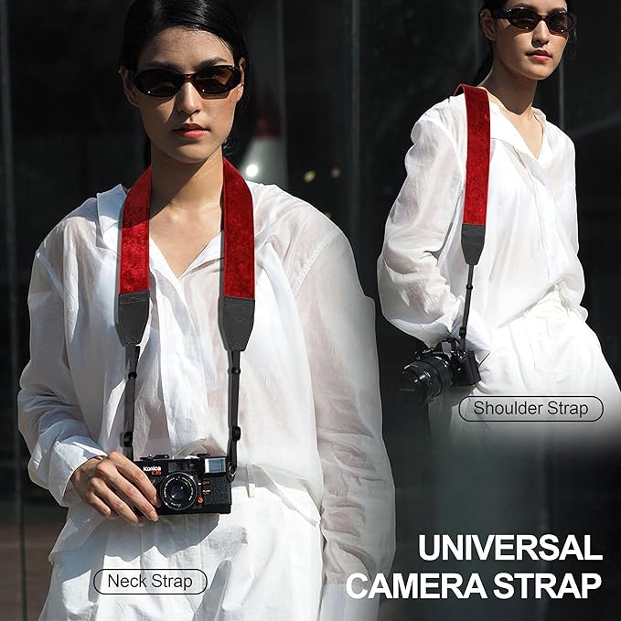 Padwa Lifestyle Velvet Camera Strap - 2" Double Layer Full Grain Cowhide Leather Head Camera Straps for Photographers,Unique Soft Velvet Fabric with Quick Release fits all Cameras - Ruby Red