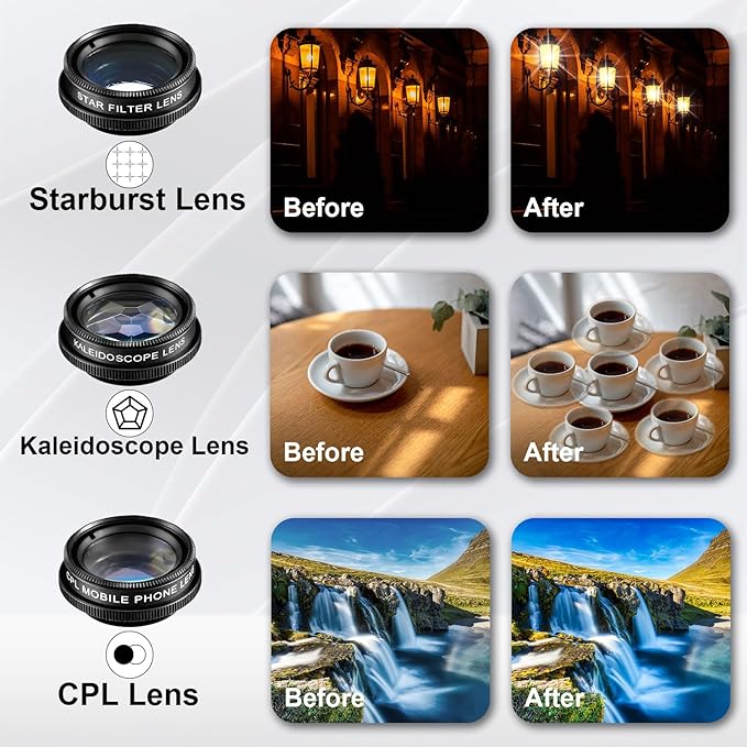 Phone Camera Lens Kit 21 in 1 with Universal 18x Telephoto Lens with Tripod 0.63x Wide Angle 15x Macro 198° Fisheye 2X Telephoto Cpl Compatible with Most Smartphone