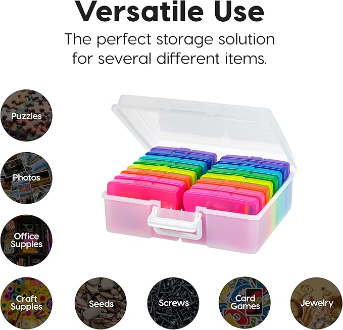 IRIS USA 4" x 6" Photo Storage Box Craft Keeper, 2-Pack, Discreet Handle Container with 16 Organization Holder Cases for Pictures, Tasks, Scrapbooking, Ephemera, Stationery Storage, Multi-Color/Pearl