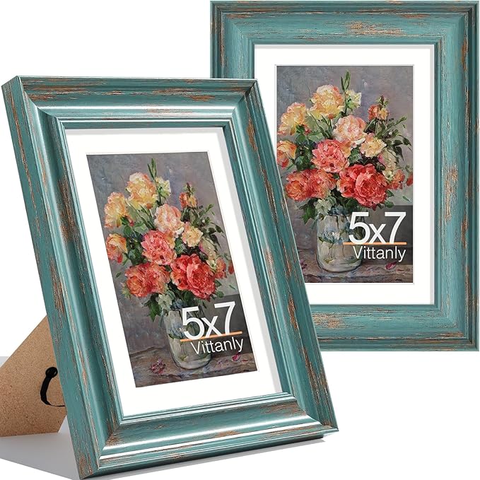 Vittanly 5x7 Picture Frames Set of 2, Ornate Vintage Photo Frame for Wall or Tabletop, Display 4x6 Pictures with Mat or 5x7 without Mat, Rustic Blue