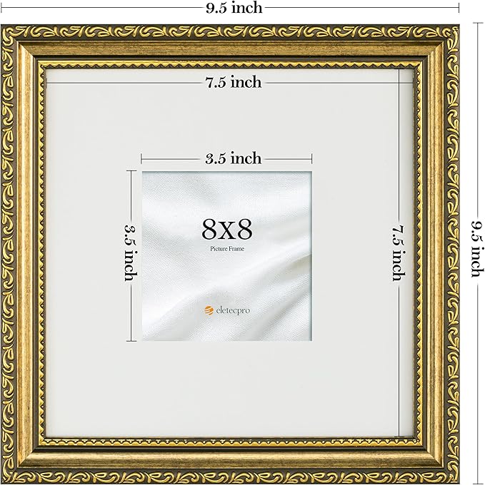 eletecpro 8x8 Picture Frames Set of 4, Vintage Frame with Glass Cover, 8 x 8 Gold Photo Frames Display 4x4 Photo with Mat or 8x8 without Mat for Tabletop or Wall Decor, Gold