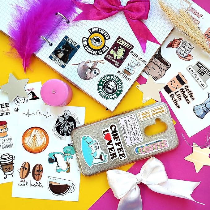 BulbaCraft 100Pcs Funny Coffee Stickers for Planner, Coffee Funny Quote Decals for Laptop, Scrapbook & Water Bottles, Gifts for Women & Men