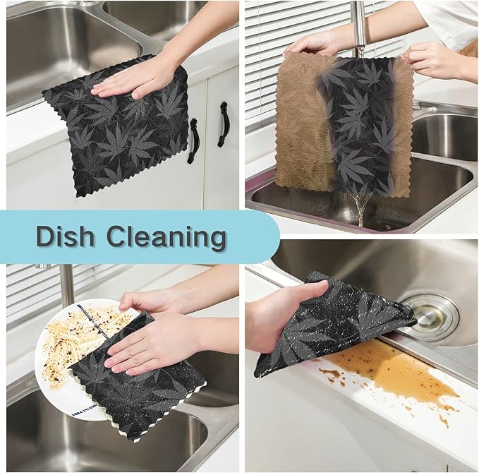 CaTaKu 6 Pack Marijuana Leaves Grey Kitchen Dish Cloths for Washing Dishes Cleaning Cloth Dish Towels Reusable Microfiber Washcloths Dish Rags for Kitchen