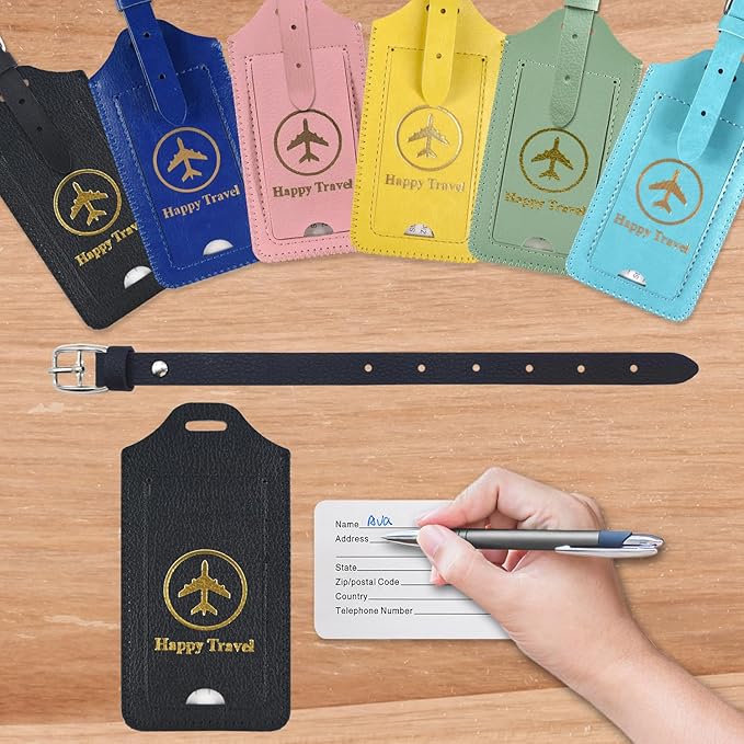 ACdream Luggage Tags 2 Pack, Leather Suitcase Tags Identifiers, Cute Cruise ID Labels with Privacy Cover fits on Backpack, Travel Bag, for Women/Men, Adults, Kids - Black