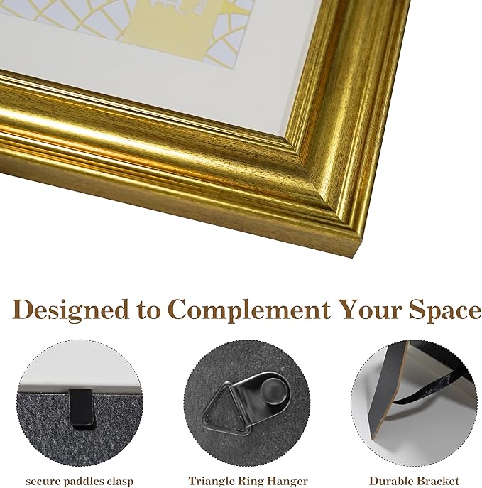 VIOLABBEY 8x10 Picture Frame Gold, Photo Frames, Fits Pictures 5x7 with Mat or 8 x 10 without Mat, Vintage Display for Tabletop and Wall