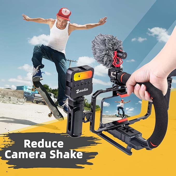 Zeadio Camera Handheld Stabilizer with Aluminum Smartphone Video Cage Rig, Triple Cold-Shoe Handle Grip, Compatible with All Camera Action Camera DSLR Smartphones