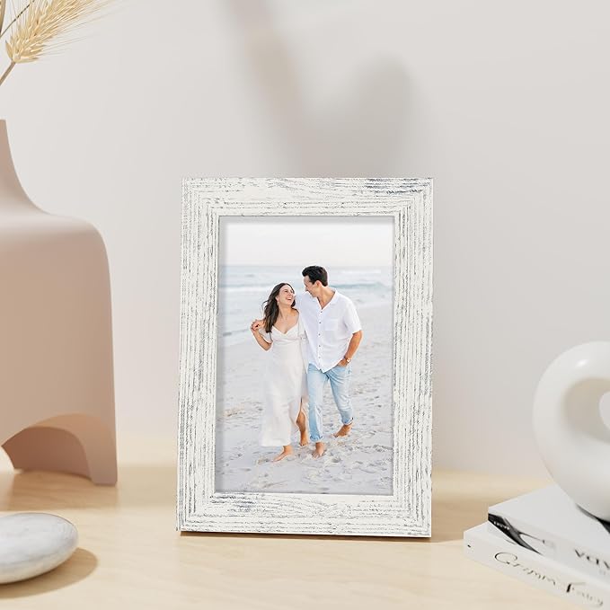 Vittanly 4x6 Picture Frame, Made of Solid Wood and Shatterproof Plexiglass, Wooden Photo Frame for Wall Mounting or Tabletop Display, Picture Frame for Home Decor with Stand, Distressed White, 1 Pack
