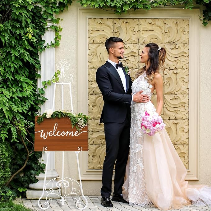 White Easel Stand for Wedding Sign, 57'' Adjustable Vintage Scroll Floor Display Stand with Chain Support for Welcome Poster, Photo, Art, Decorative Event Display
