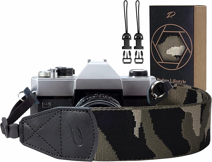 Padwa Lifestyle Camouflage Camera Strap - 2" Wide Genuine Leather Ends Camera Straps for Photographers, Vintage Forest Camo Strap with Camera Quick Release fits All Cameras