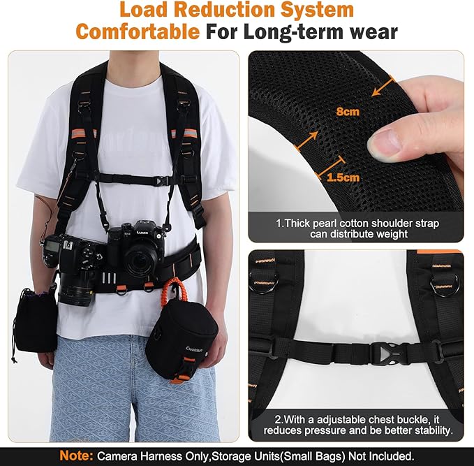 Cwatcun Adjustable Camera Strap for Photographers – Multi-Function Dual Shoulder Harness & Waist Belt for Camera DSLR/SLR Accessories Storage