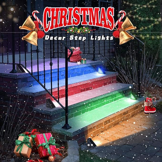 NIORSUN Solar Step Lights,8 Pack RGB Solid Color Changing Solar Stair Lights Outdoor Waterproof IP67 Auto On Off,Solar Lights for Steps,Stair,Patio,Yard,Porch,Front Door,Deck Decor